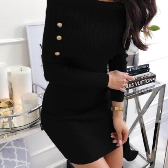 Off The Shoulder Button Bodycon Dress - Picture 2 of 9